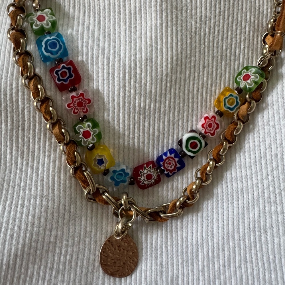 Colorful Free People Beaded Necklace with Silver Accents and leather - Picture 3 of 3